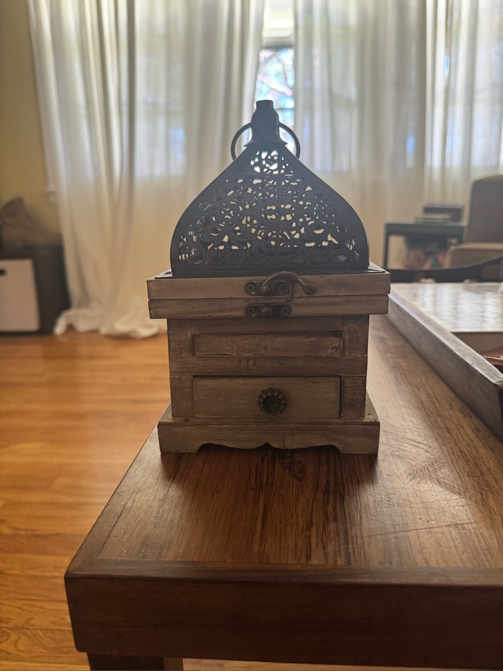 Wood and Metal Decorative Lantern with Drawer - Tan and Black